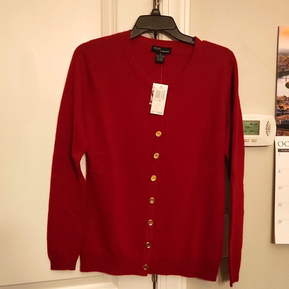 Grace Women's Red Buttoned Cashmere Sweater Size M NWT